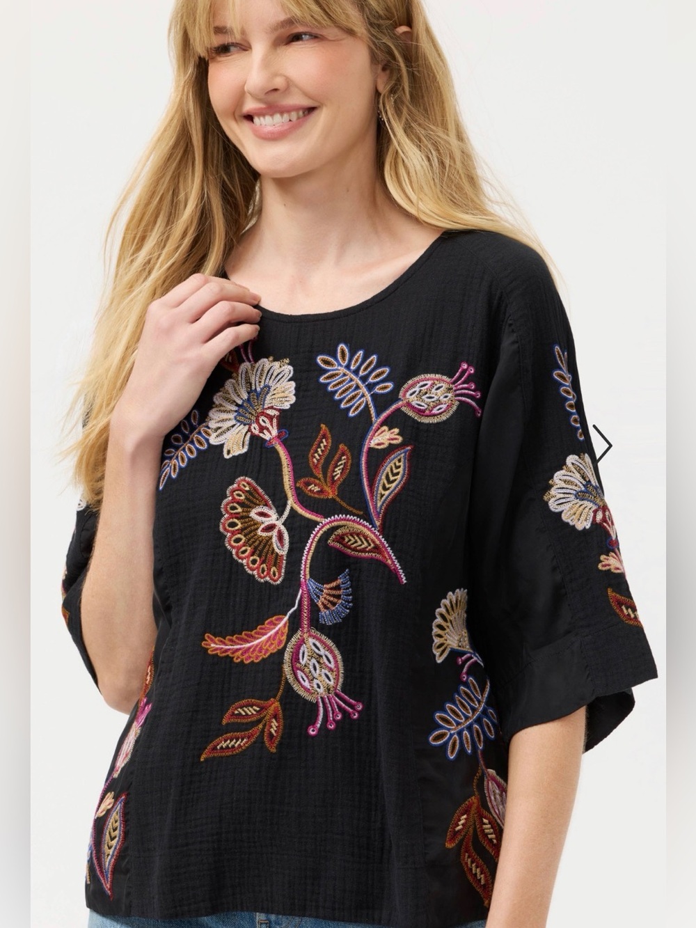NWT Johnny Was Black Embroidered Floral Dolman Top size small